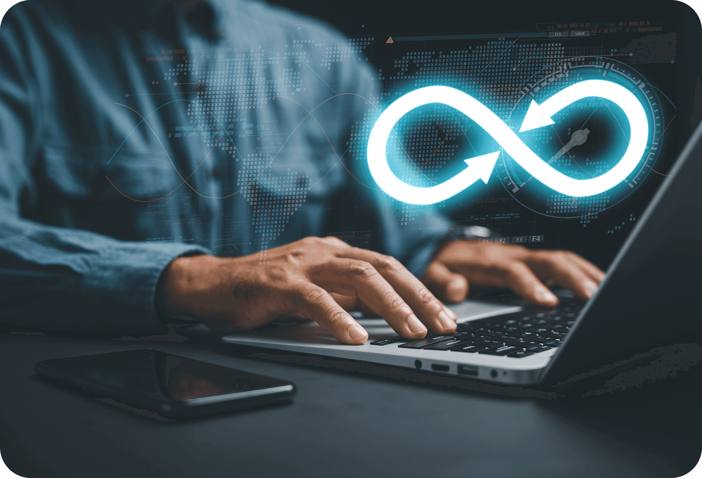 Engineer working on a laptop with a DevOps infinity symbol, highlighting automated workflows and continuous delivery.