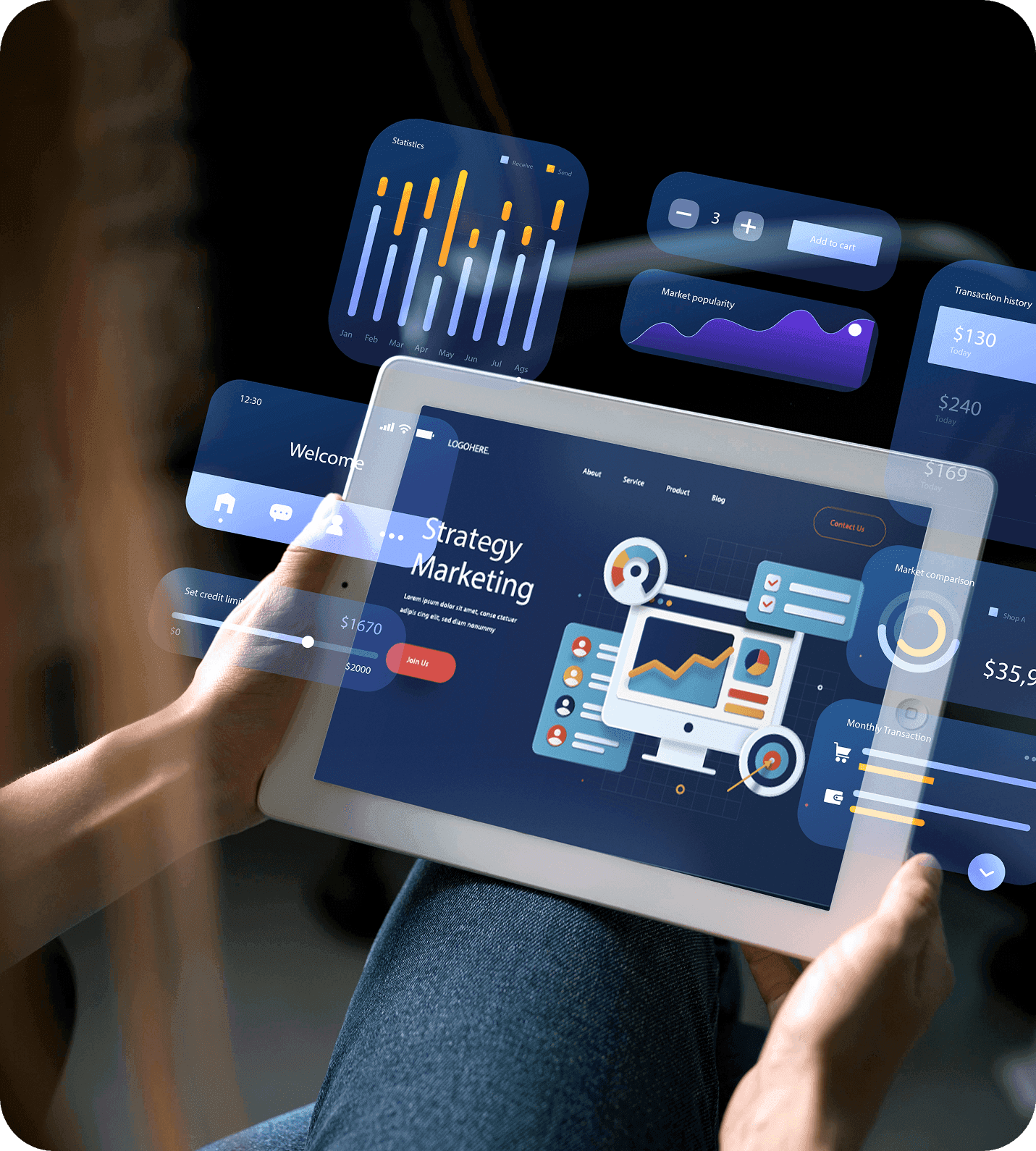 Person using a tablet with digital analytics and dashboards, representing measurable results from digital transformation efforts.