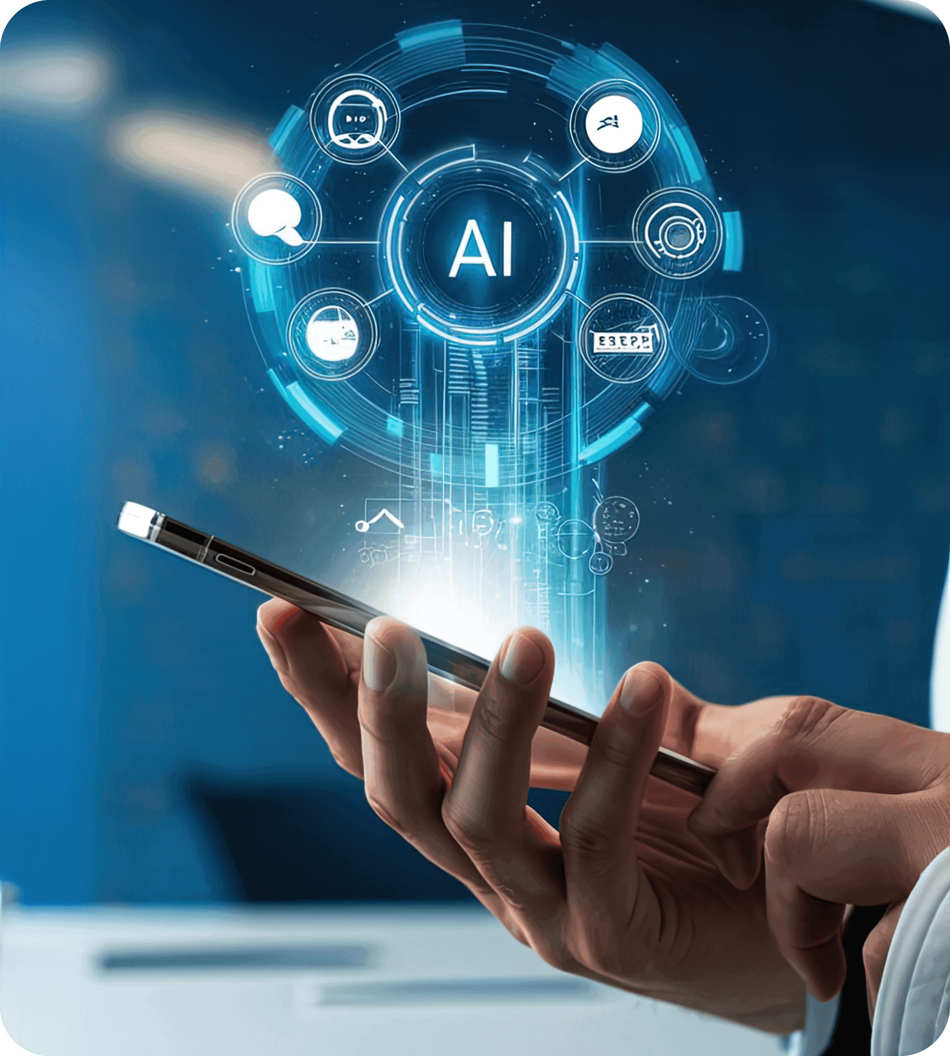 Hand holding a smartphone with AI icons projecting upward, illustrating measurable outcomes from AI-powered solutions.