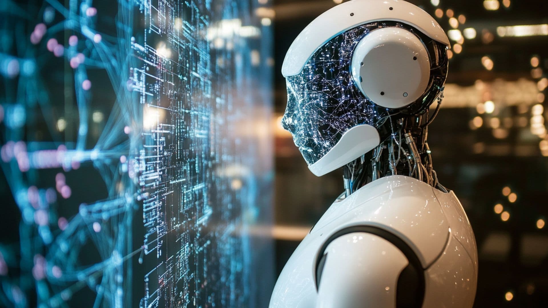 A humanoid robot analyzing digital data, representing AI development and automation solutions.